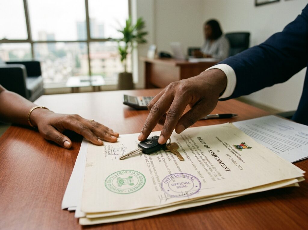Close-up of a secure transaction showing a hand passing property keys over a finalized Nigerian Deed of Assignment document