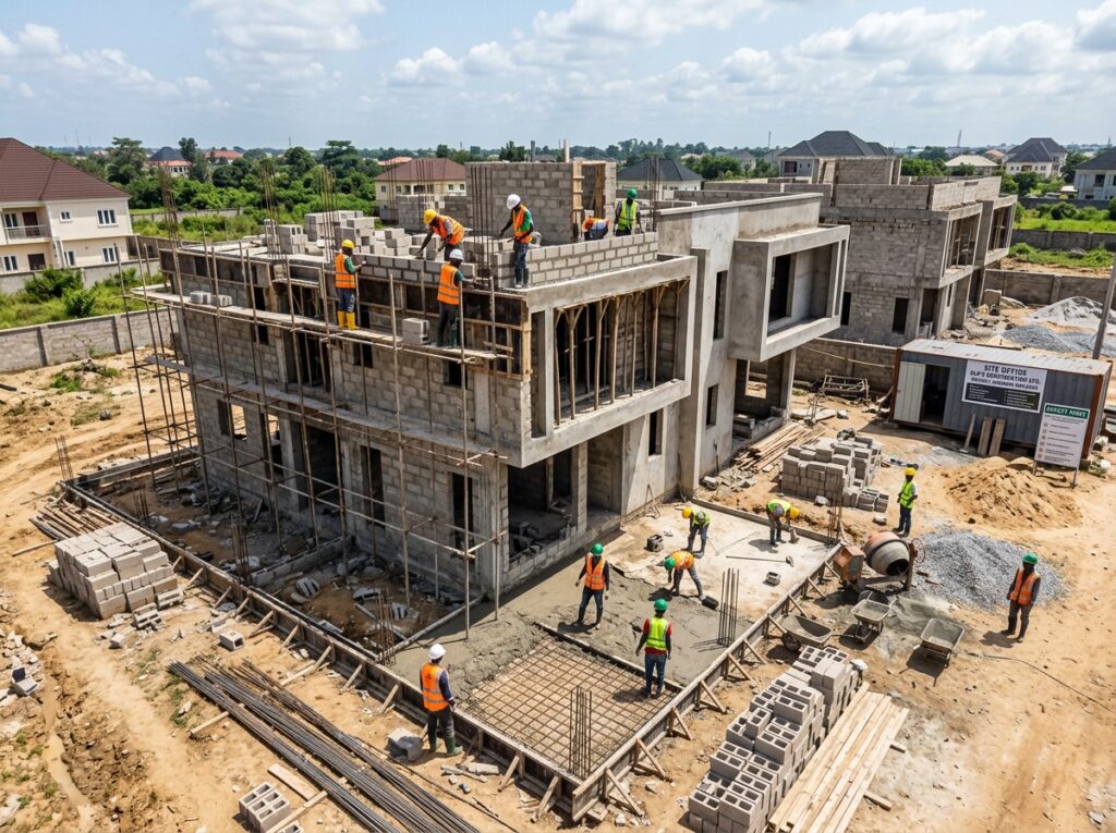 Elevated view of an organized, professionally managed residential construction site in progress in Nigeria.