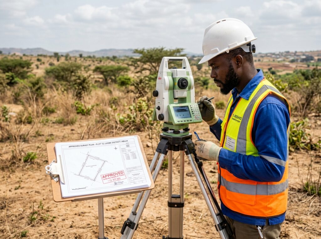 Professional surveyor operating a total station instrument on undeveloped land alongside an approved, red-stamped survey plan